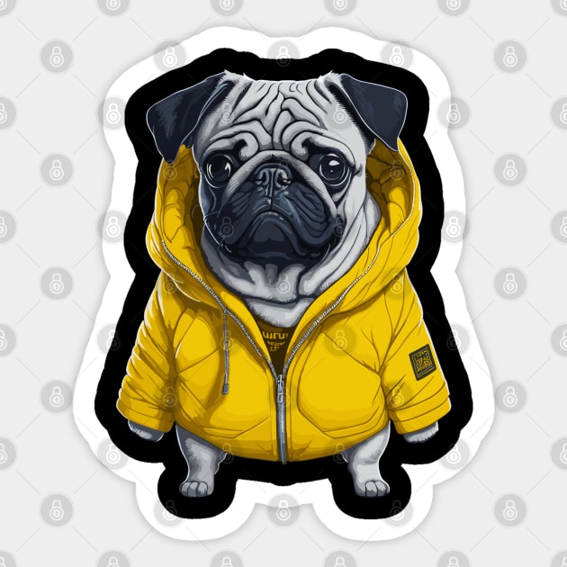 Funny Pug Dog Wearing a Yellow Jacket Sticker by StarMa